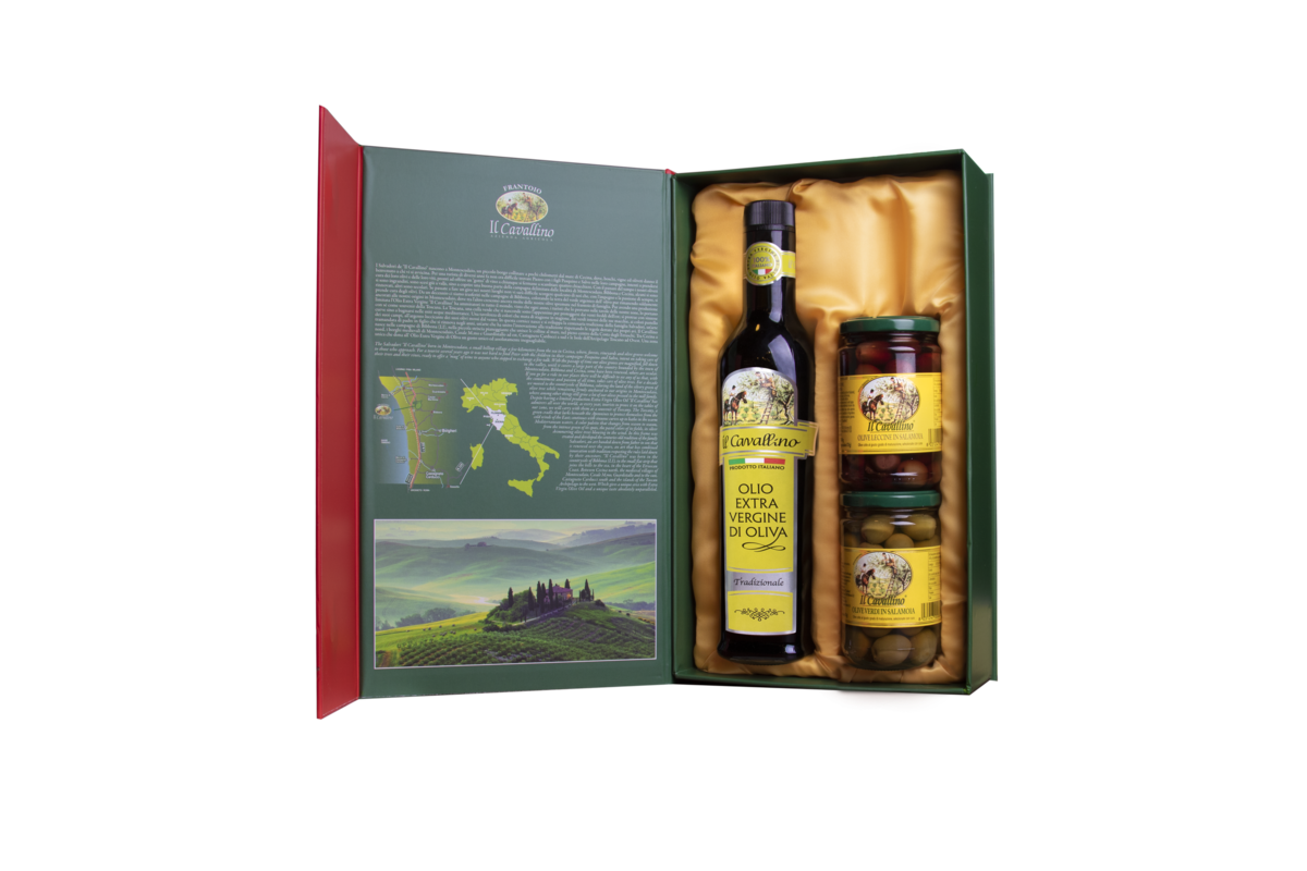 Confezione Regalo 1 bottiglia Cavallino Tradizionale 0.500ml
e 2 vasetti di Olive nere in salamoia